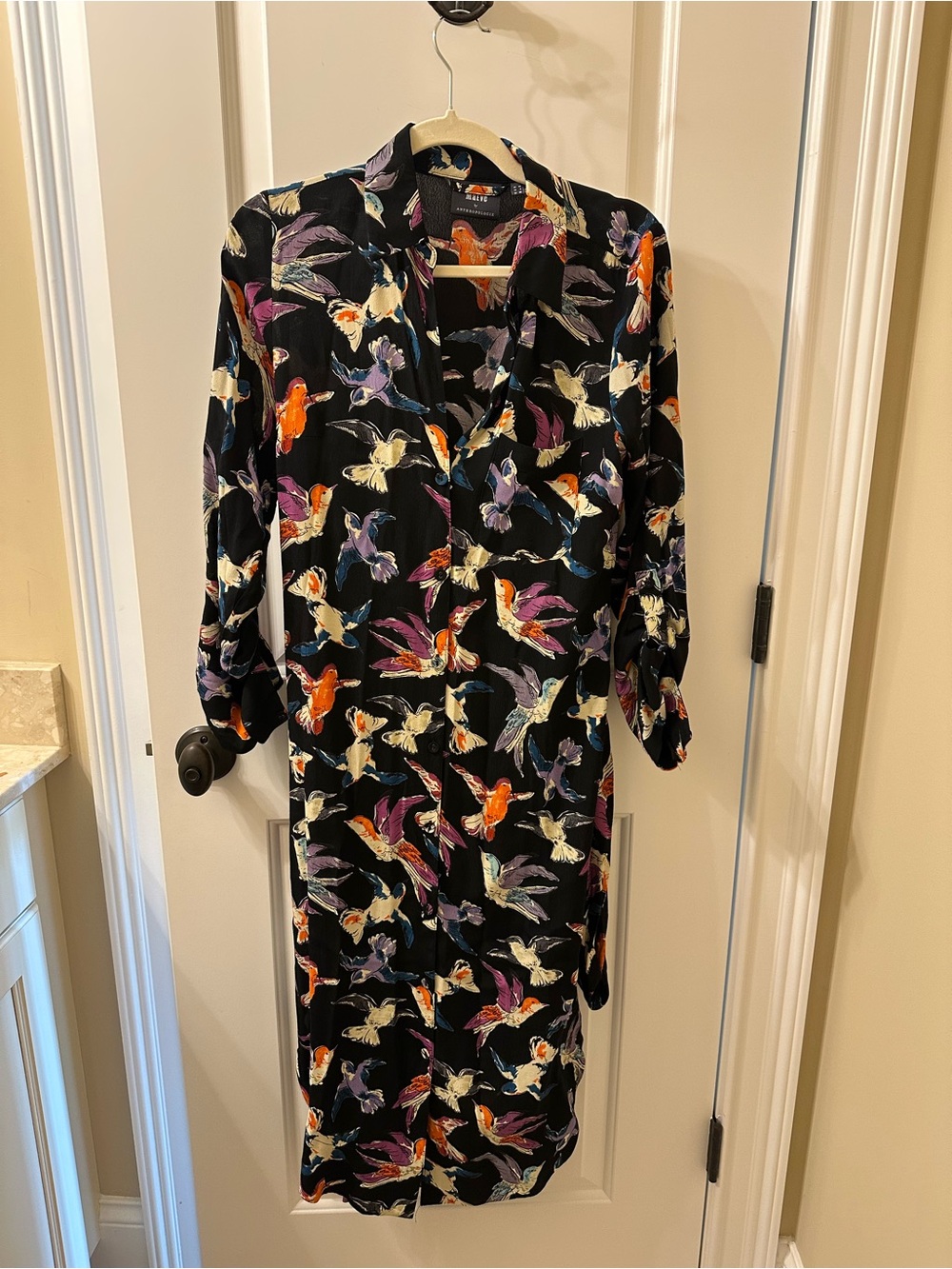 Maude Black Midi Shirt Dress with Multicolor Bird Print